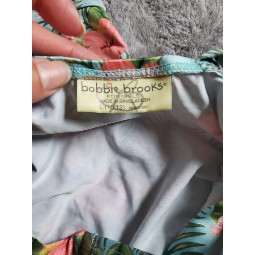 Bobbie Brooks Girls 2 piece Tropical Swim Suit Shirt Briefs L 10 12 Green Mint